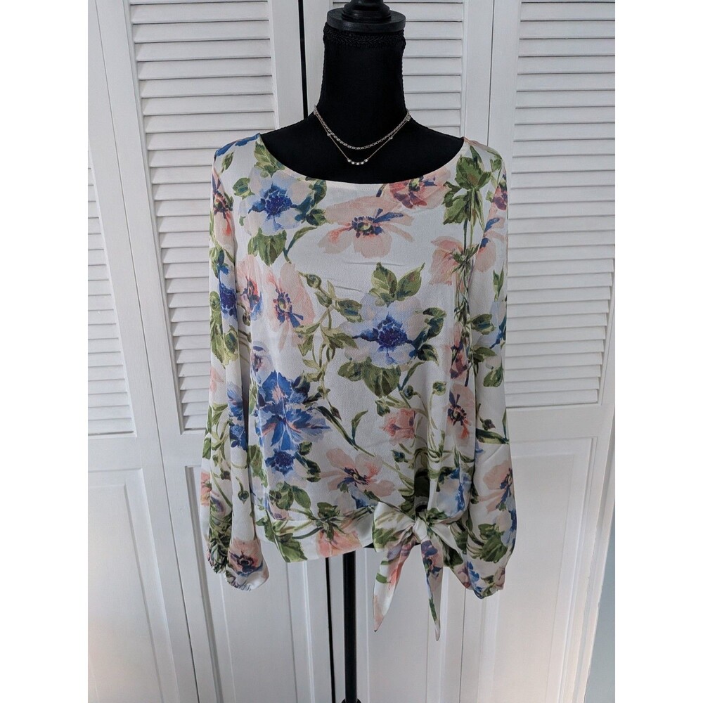 Tahari ASL Blouse Womens M Pink Blue Watercolor Floral Georgette Career Tie Top